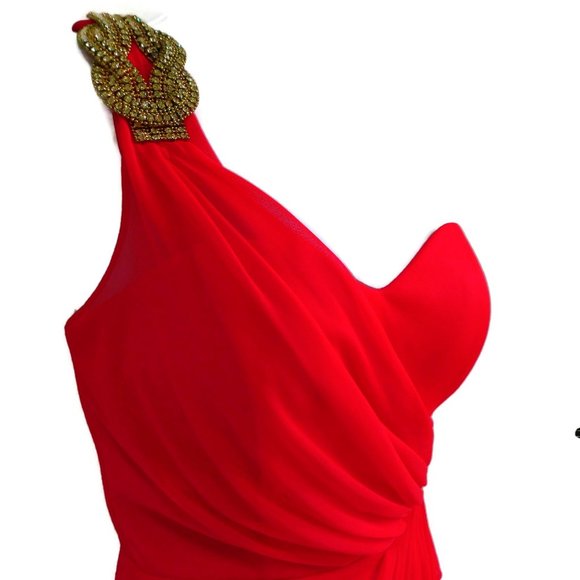 Cache Cocktail Dress Rhinestone Brooch Neon Red Ruched Padded Bra Zip Back USA 4 - Picture 6 of 15